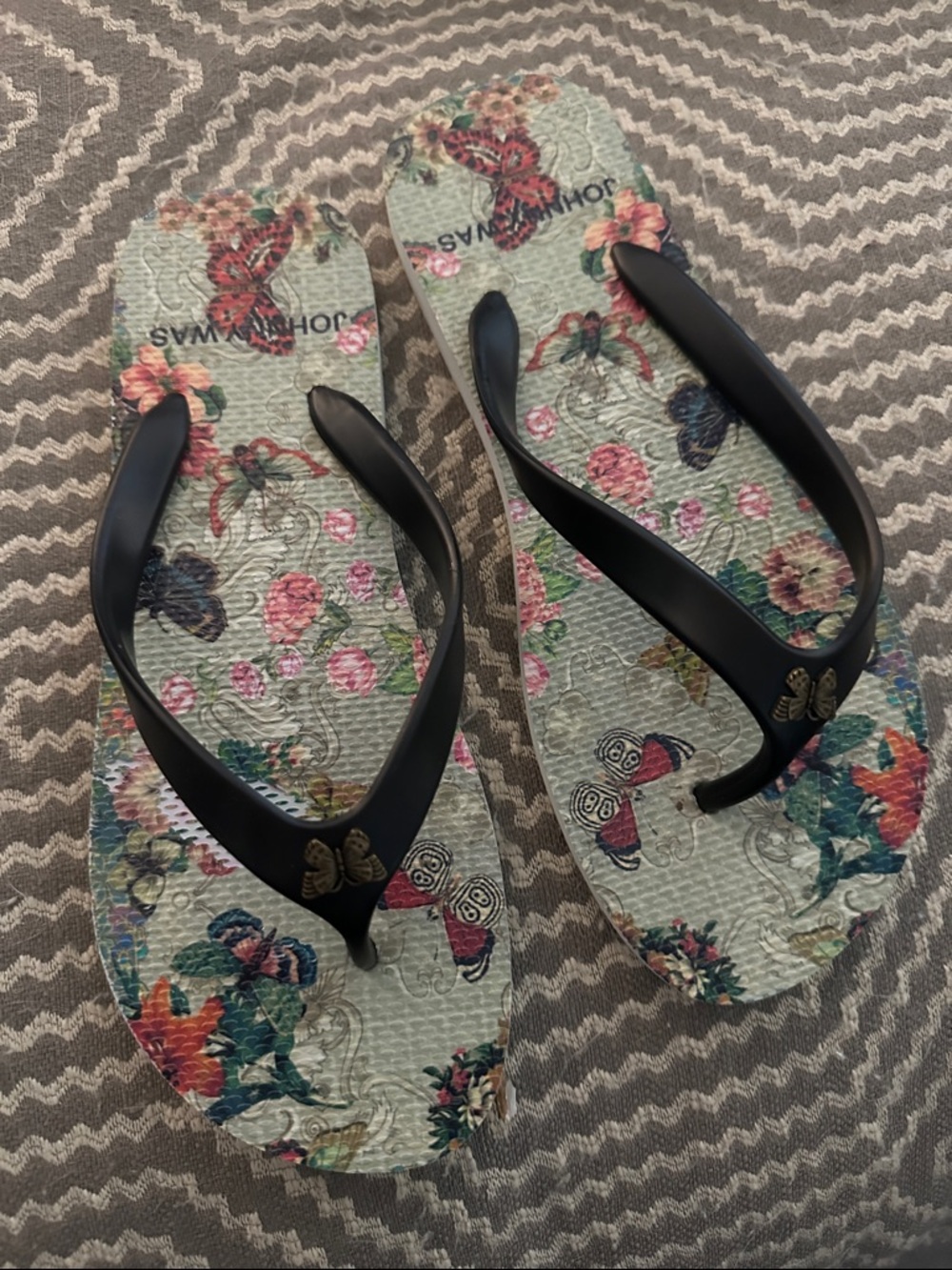 Johnny Was Women’s Floral Butterfly Flip Flop Sandals - Black Straps